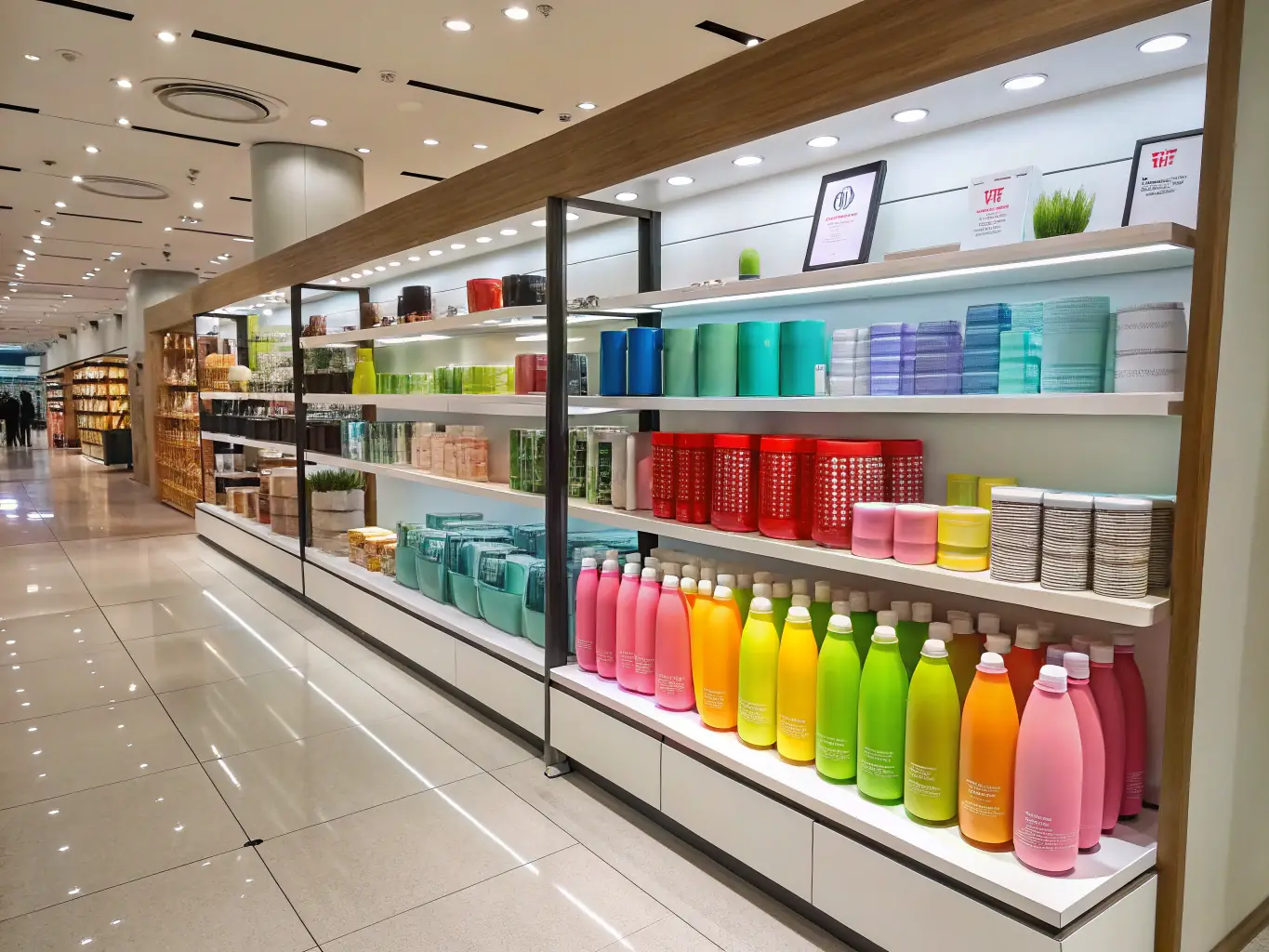 A vibrant display of various consumer products arranged in a modern retail environment, showcasing Karobacompany's wholesale and retail trade offerings.