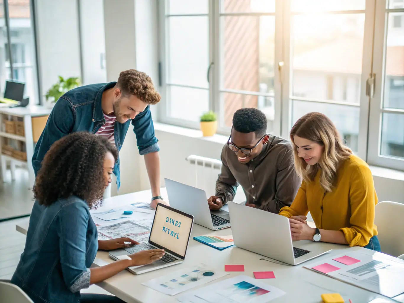 A creative team working on digital marketing strategies with visual branding elements, illustrating Karobacompany's marketing, advertising, and design services.